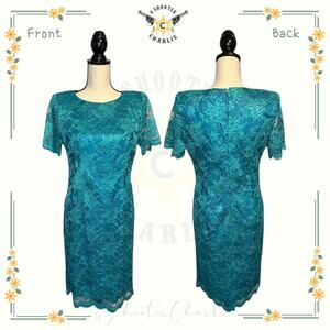 Vintage David Rose Short Sleeve Teal Lace Evening Dress Size 8 USA Made